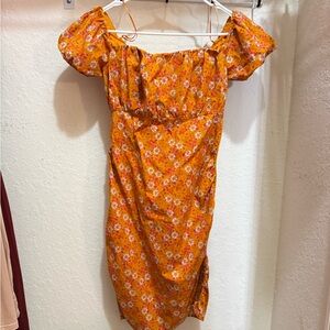 Wayf Orange Ruched Floral mini Dress